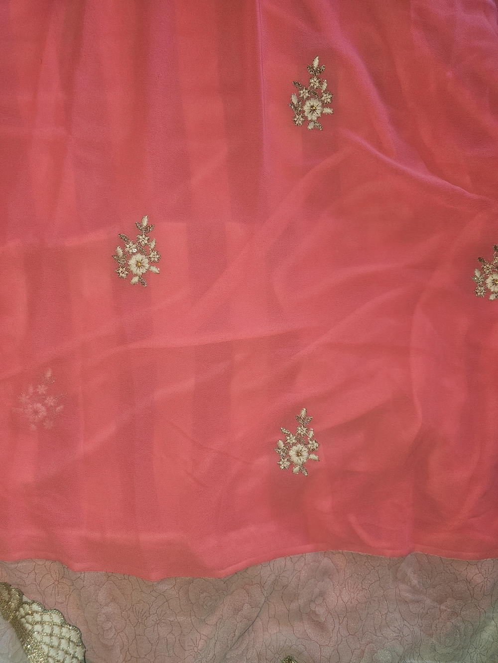 Coral Pink Embroidered Chiffon Saree